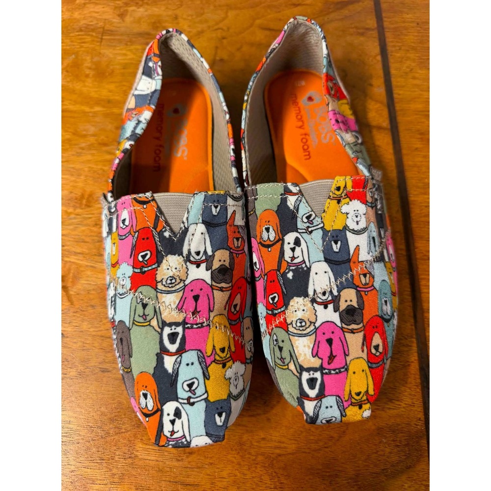 Skechers BOBS Womens 7.5 Multicolor Dog Print Slip On Memory Foam Flats 34389